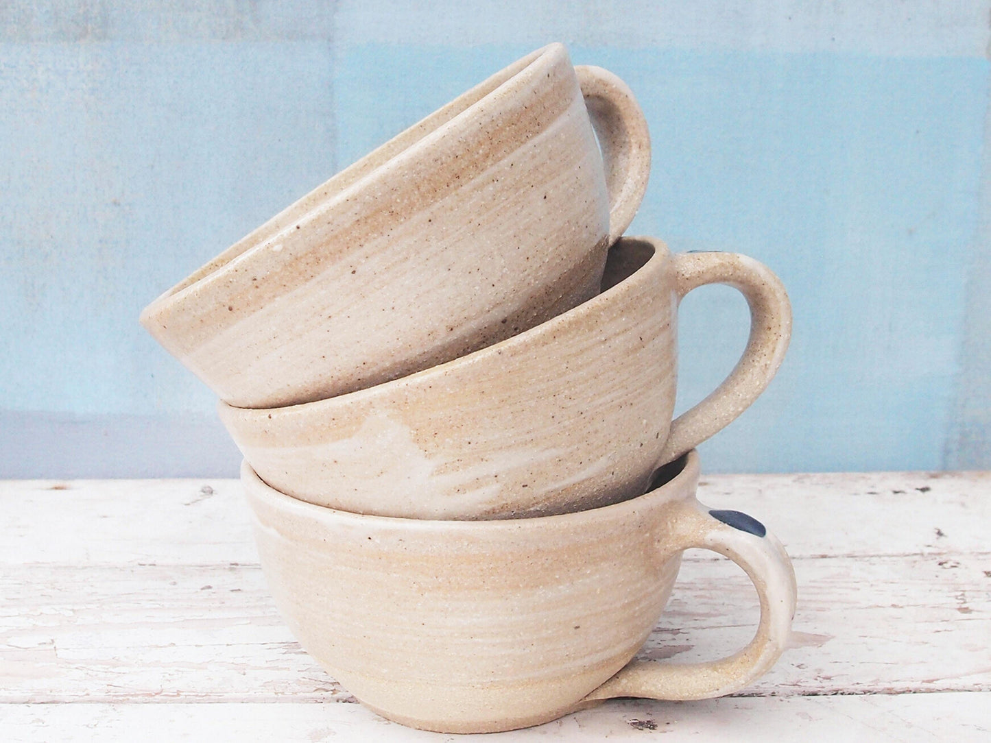 SabineSchmidtPottery Large Cappuccino Cup in White/Blue, Rustic Studio Pottery Devon Ceramics