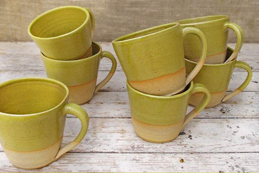 SabineSchmidtPottery Rustic Pottery Mug in Yellow/Green, Large Ceramic Coffee Cup Devon Ceramics