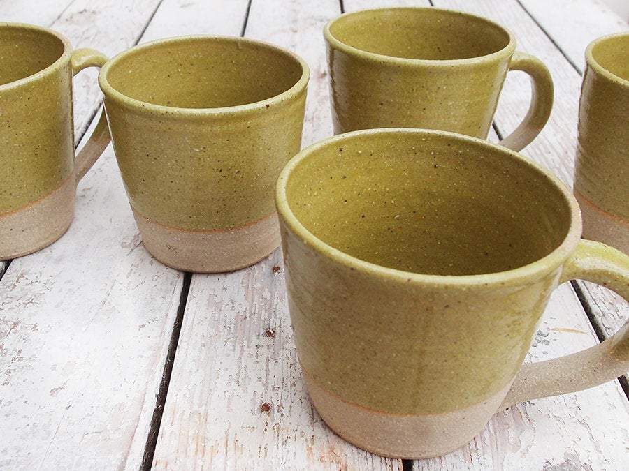 SabineSchmidtPottery Rustic Pottery Mug in Yellow/Green, Large Ceramic Coffee Cup Devon Ceramics