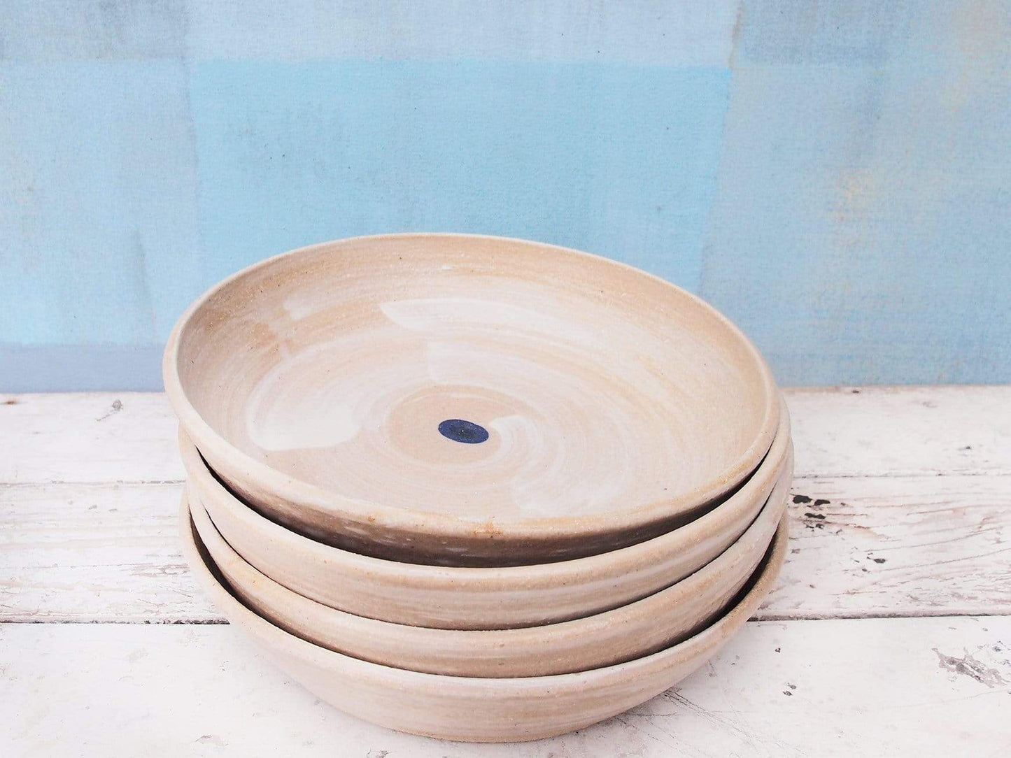 SabineSchmidtPottery Deep Stoneware Plate in White/Blue, Ceramic Pasta Bowl Devon Ceramics