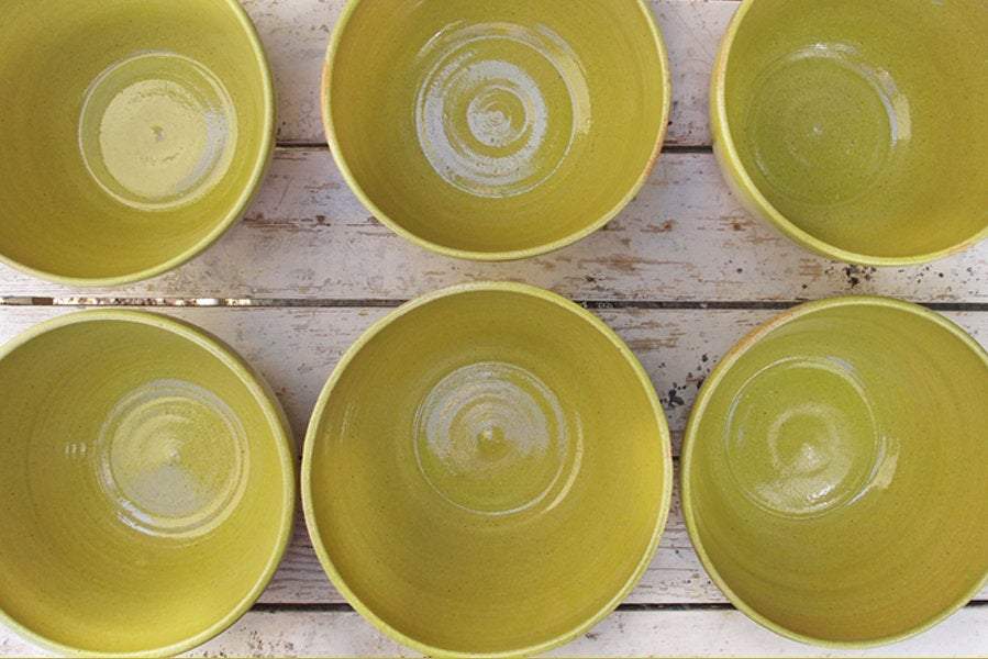 SabineSchmidtPottery Medium-Sized Stoneware Bowl in Yellow/Green, Rustic Dinnerware Devon Ceramics