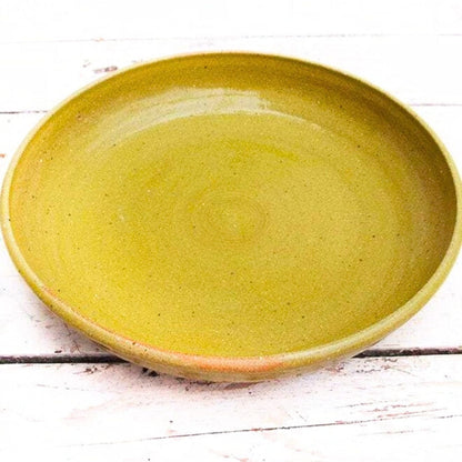 Sabine Schmidt Pottery Deep Stoneware Plate in Yellow/Green, Ceramic Pasta Bowl Devon Ceramics