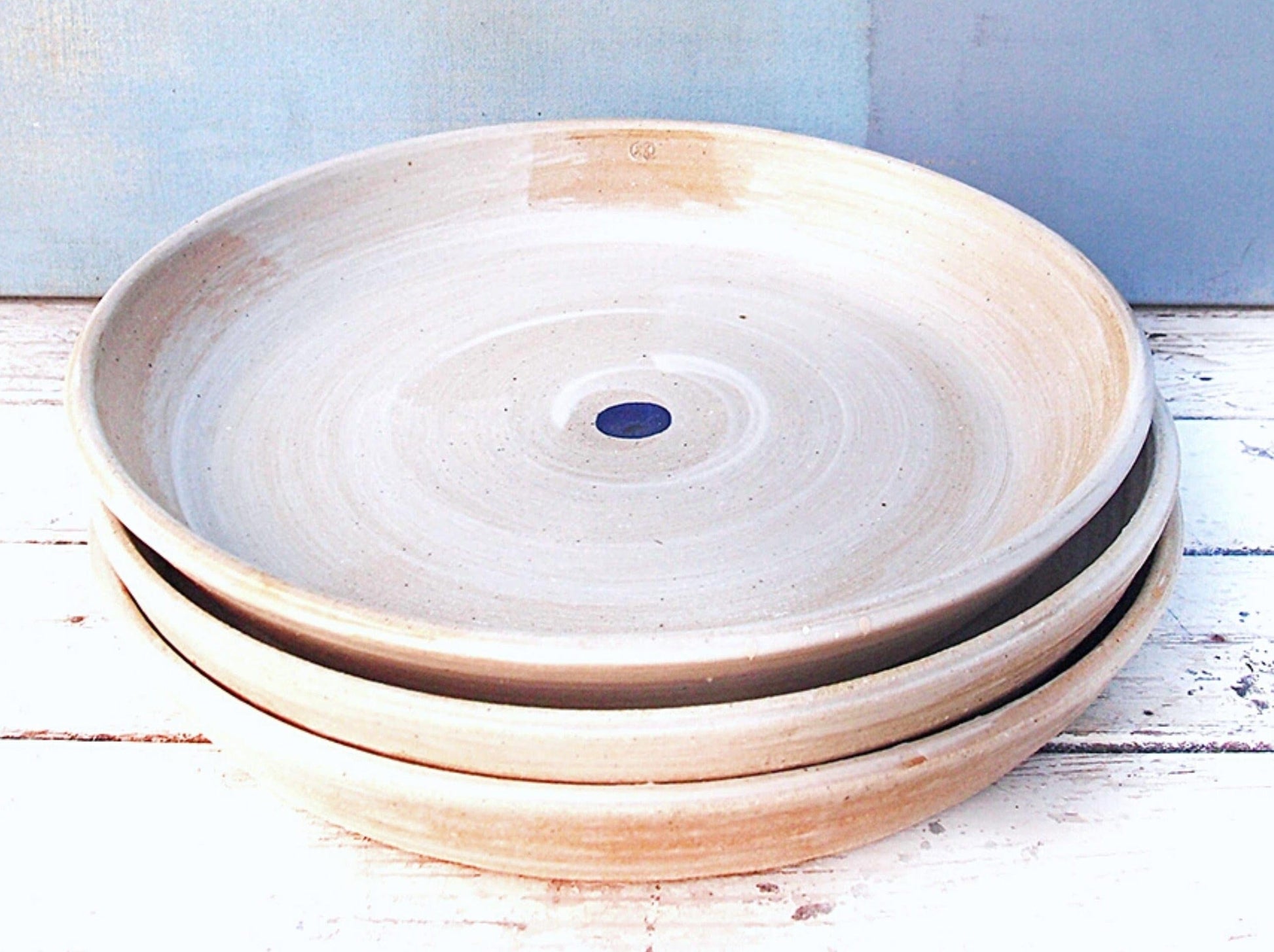 Sabine Schmidt Pottery Serving Platter - White With Blue Dot, Rustic Studio Pottery Devon Ceramics