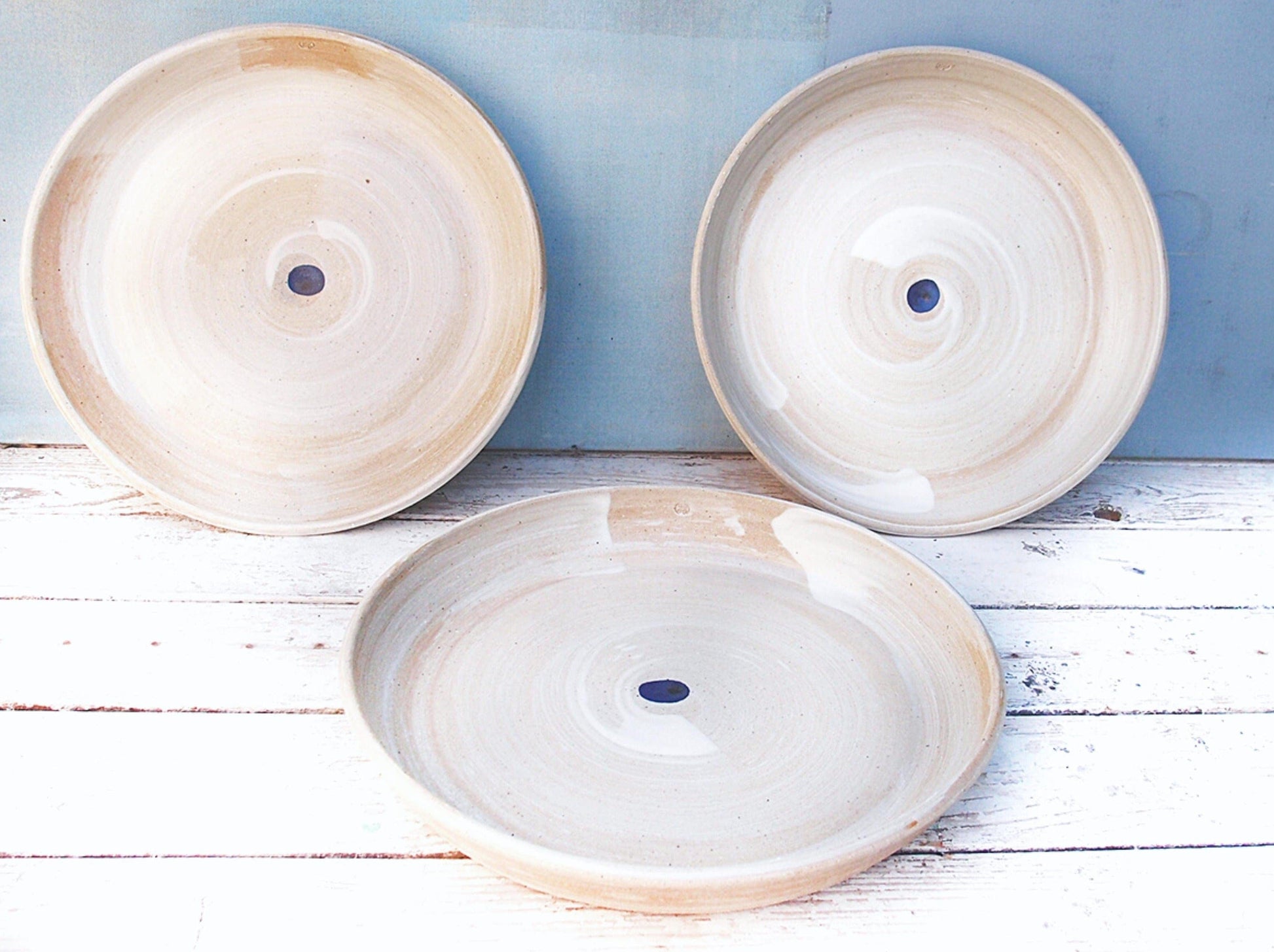 Sabine Schmidt Pottery Serving Platter - White With Blue Dot, Rustic Studio Pottery Devon Ceramics