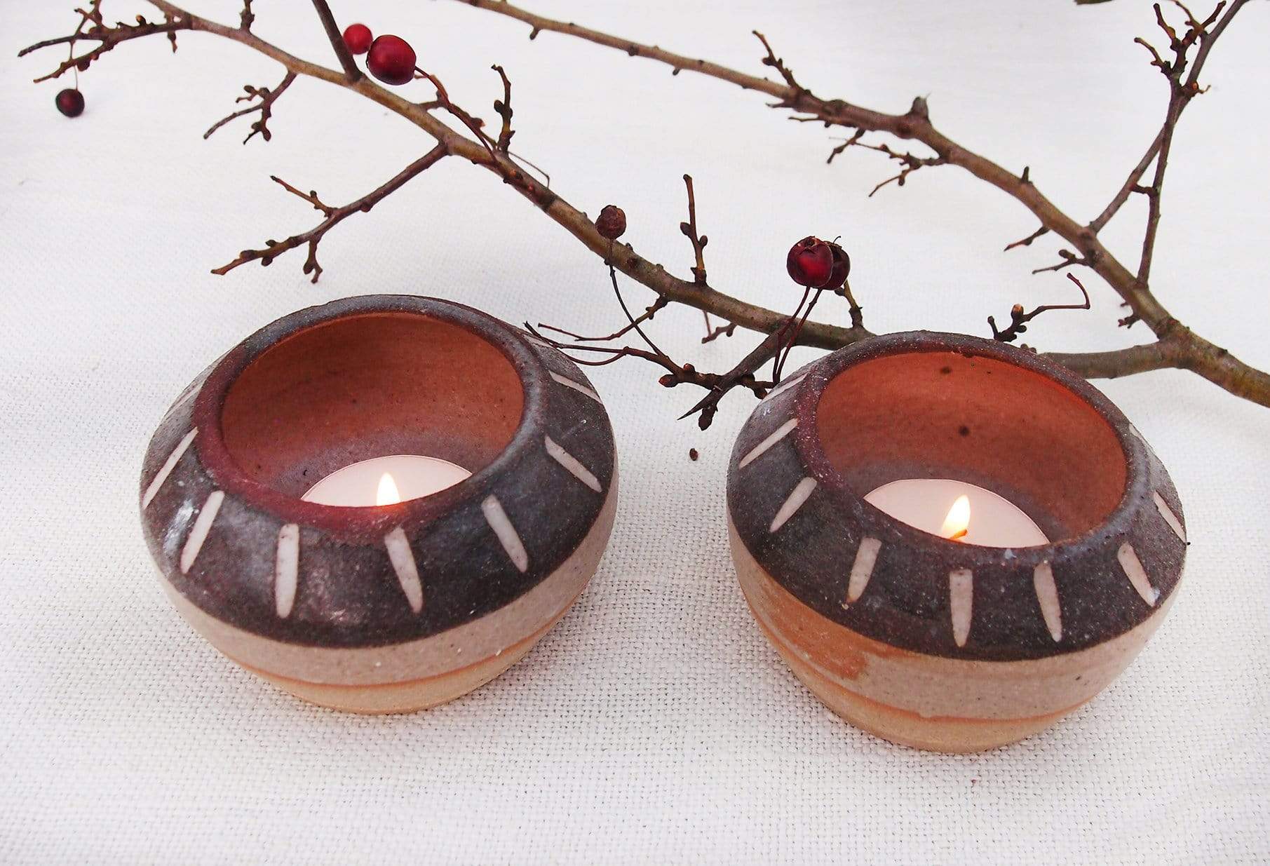 Sabine Schmidt Pottery Set of 2 Ceramic Tea Light Holders in Grey/White Devon Ceramics