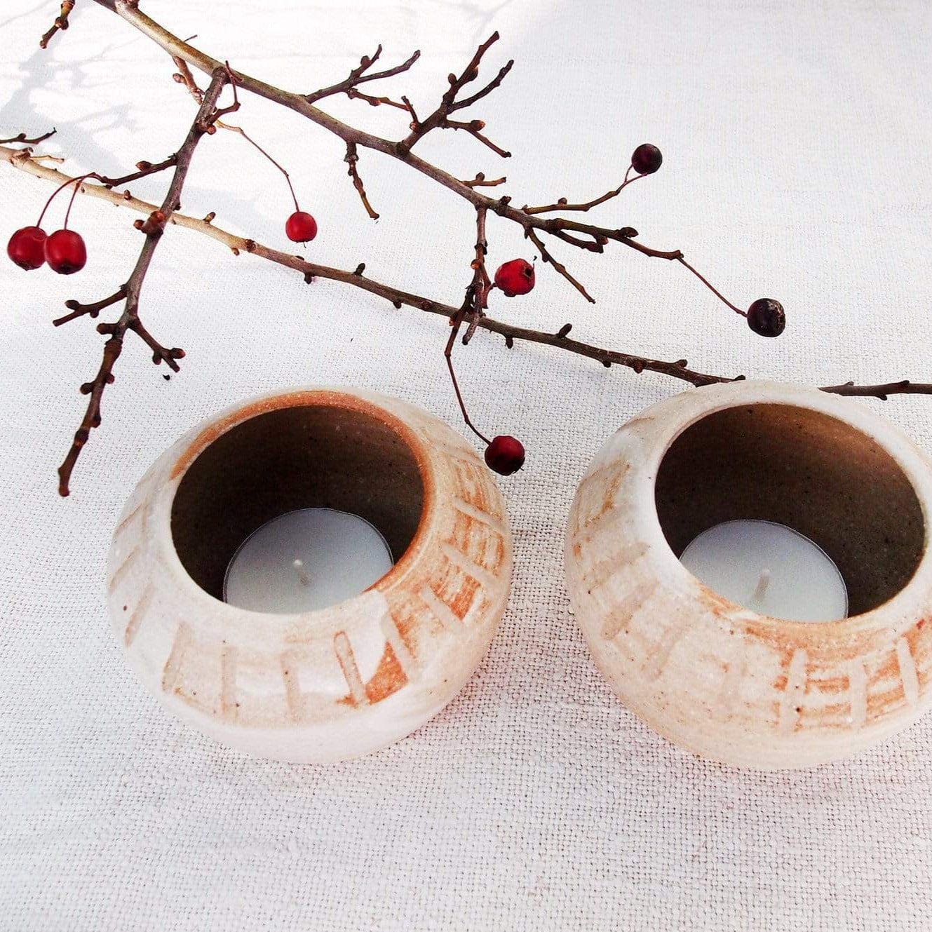 Sabine Schmidt Pottery Set of 2 Ceramic Tea Light Holders in White, Rustic Candleholders Devon Ceramics