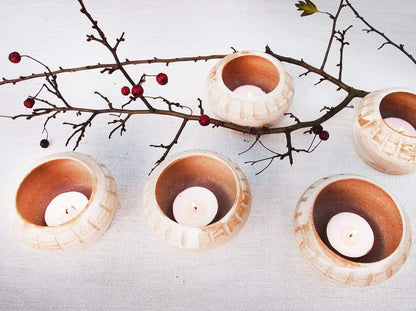 Sabine Schmidt Pottery Set of 2 Ceramic Tea Light Holders in White, Rustic Candleholders Devon Ceramics