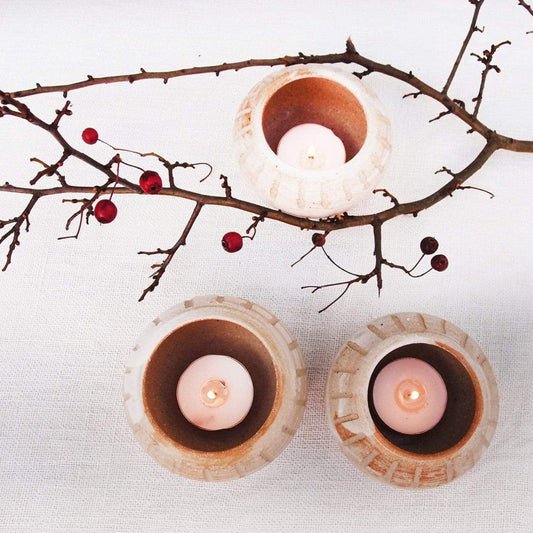 Sabine Schmidt Pottery Set of 2 Ceramic Tea Light Holders in White, Rustic Candleholders Devon Ceramics