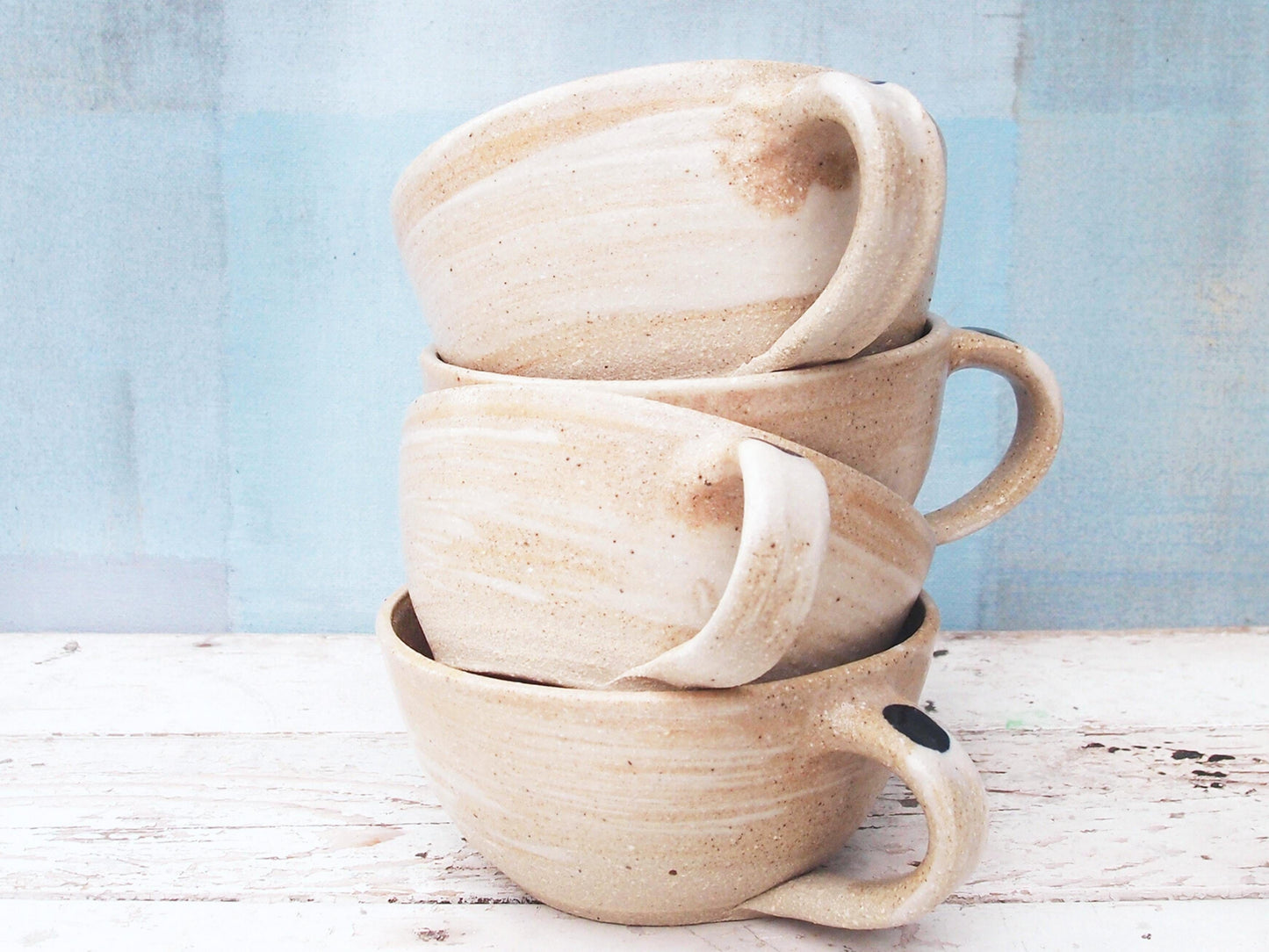 SabineSchmidtPottery Large Cappuccino Cup in White/Blue, Rustic Studio Pottery Devon Ceramics