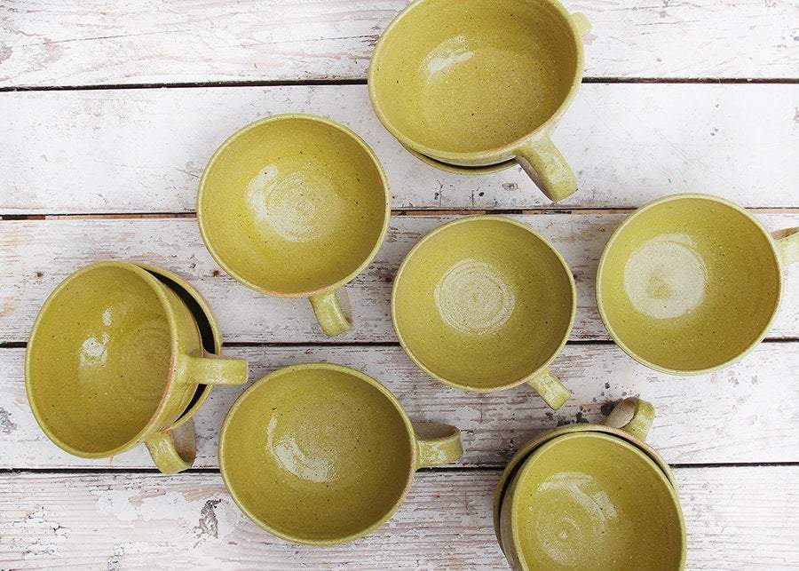 SabineSchmidtPottery Large Cappuccino Cup in Yellow/Green, Rustic Studio Pottery Devon Ceramics