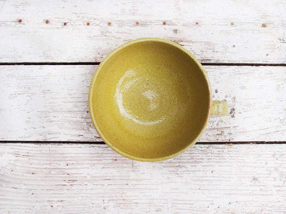 SabineSchmidtPottery Large Cappuccino Cup in Yellow/Green, Rustic Studio Pottery Devon Ceramics