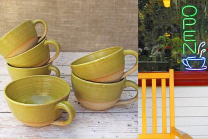 SabineSchmidtPottery Large Cappuccino Cup in Yellow/Green, Rustic Studio Pottery Devon Ceramics