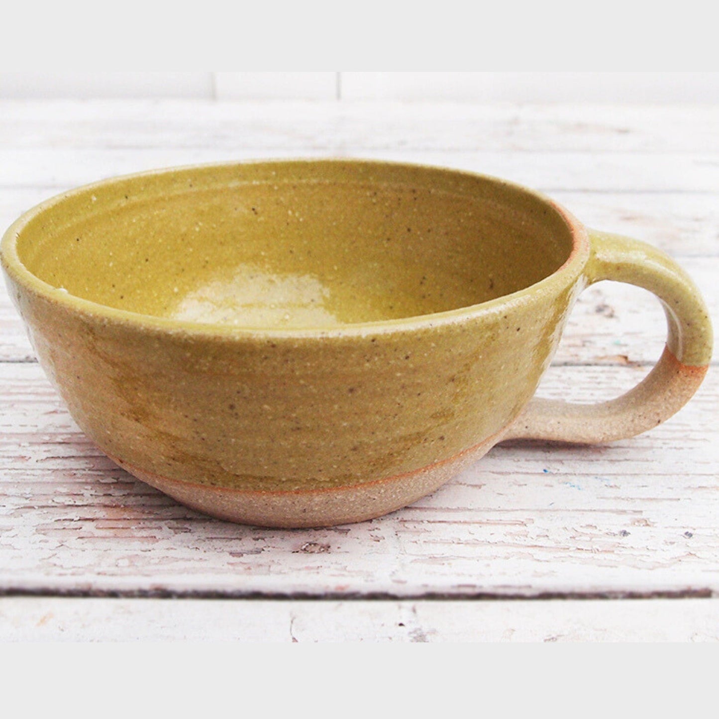 SabineSchmidtPottery Large Cappuccino Cup in Yellow/Green, Rustic Studio Pottery Devon Ceramics