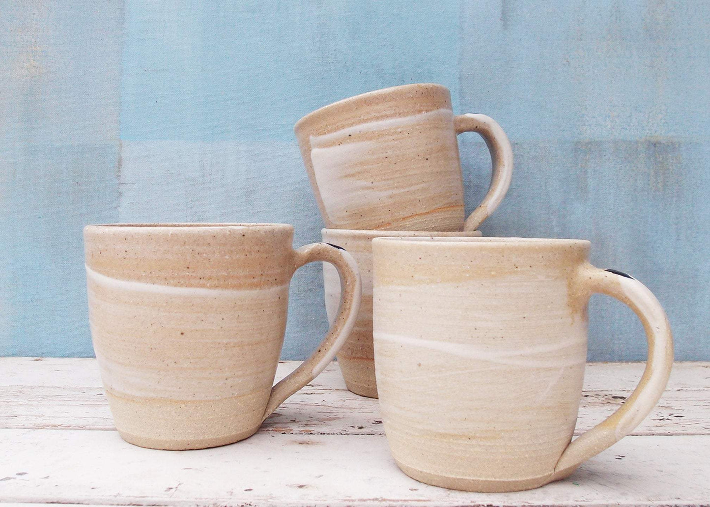 SabineSchmidtPottery Rustic Pottery Mug in White/Blue, Large Ceramic Coffee Cup Devon Ceramics