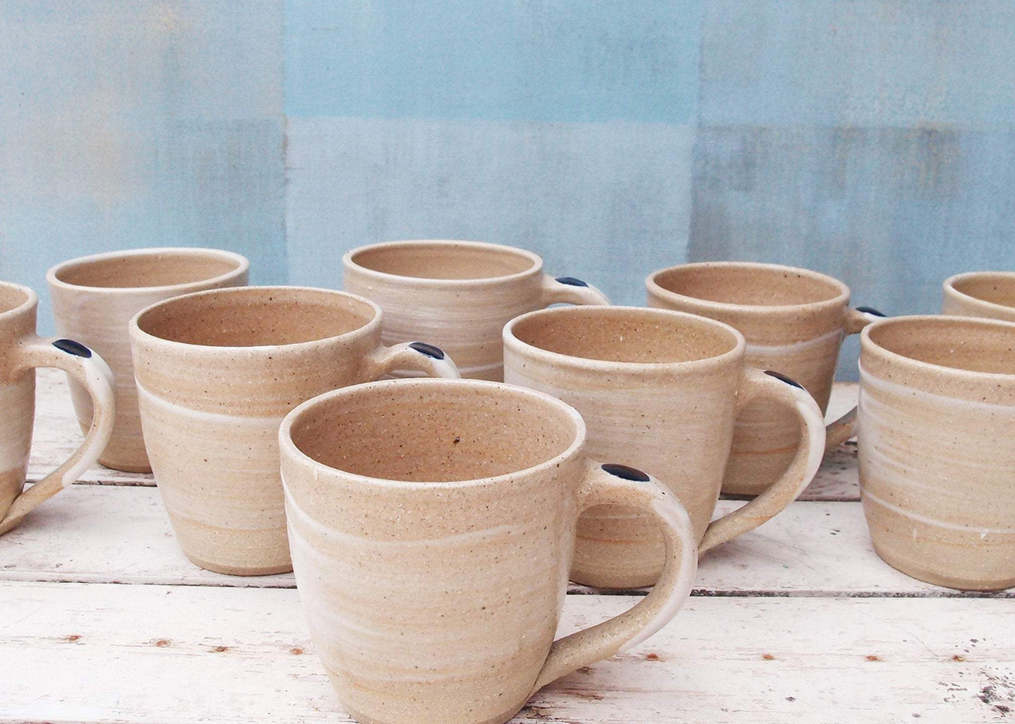 SabineSchmidtPottery Rustic Pottery Mug in White/Blue, Large Ceramic Coffee Cup Devon Ceramics