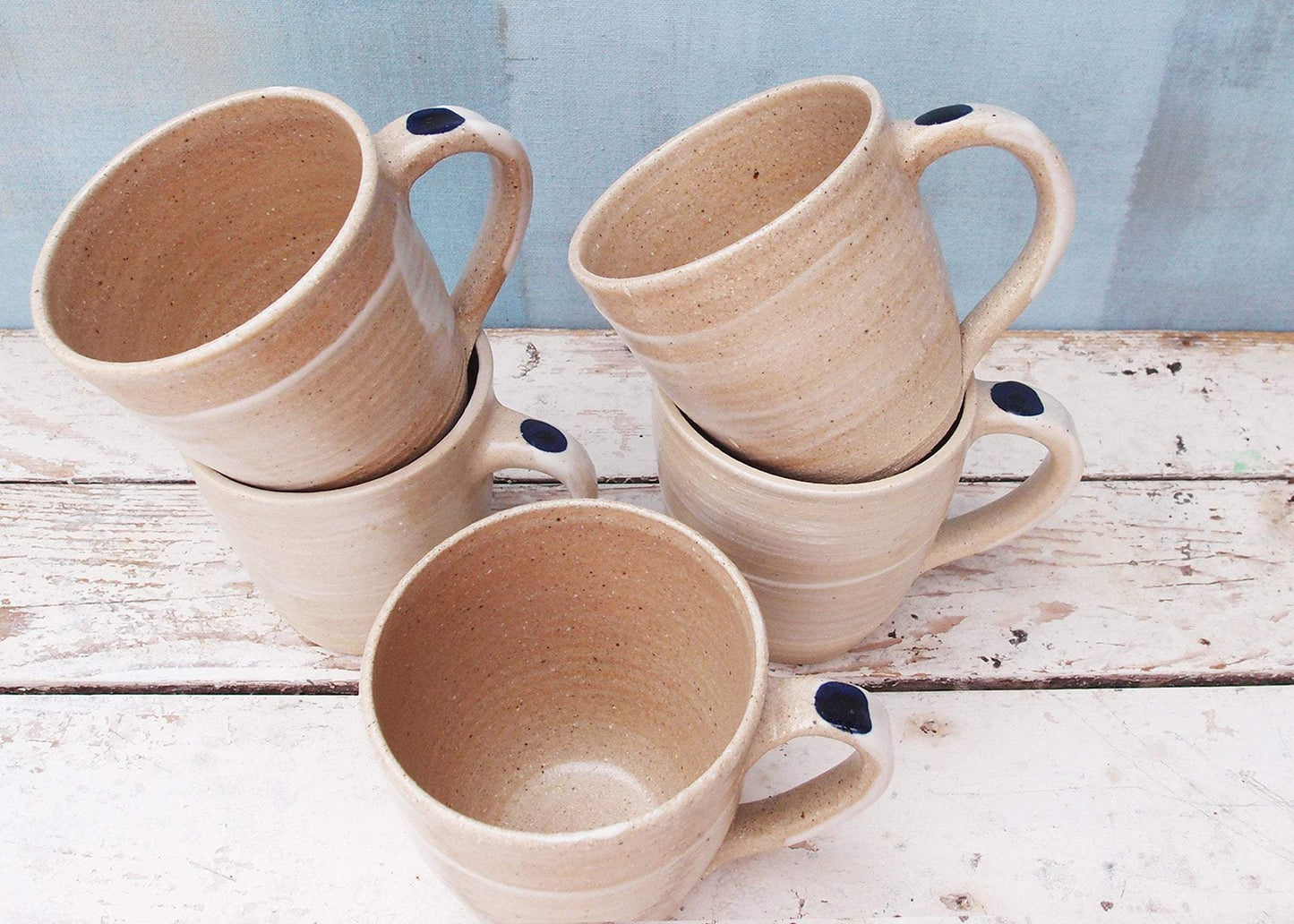 SabineSchmidtPottery Rustic Pottery Mug in White/Blue, Large Ceramic Coffee Cup Devon Ceramics