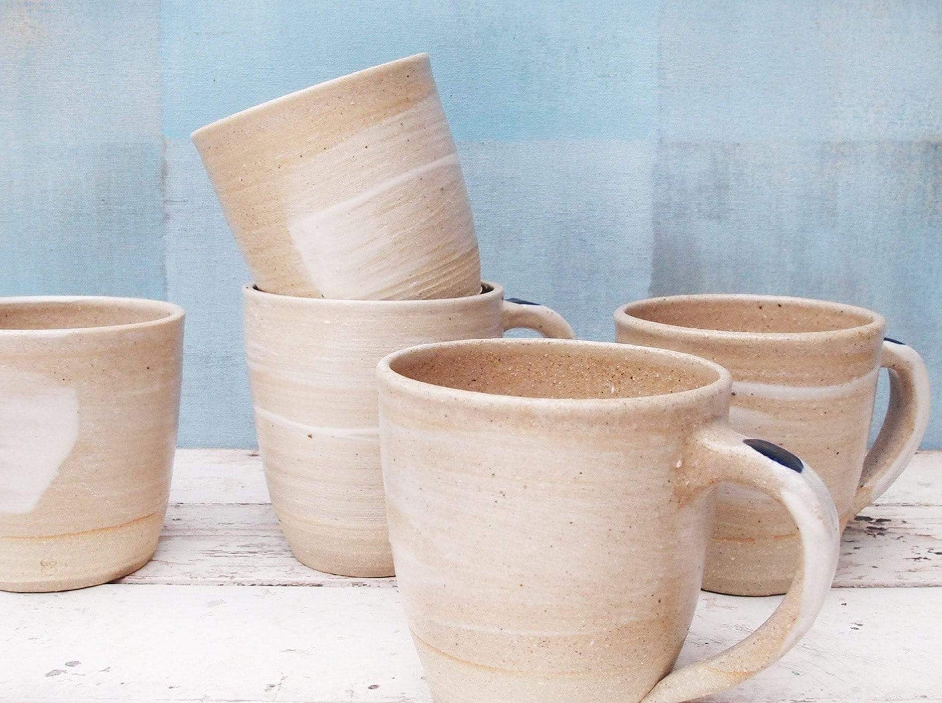 Handmade Ceramic Mugs With a Sandy White-Blue Design