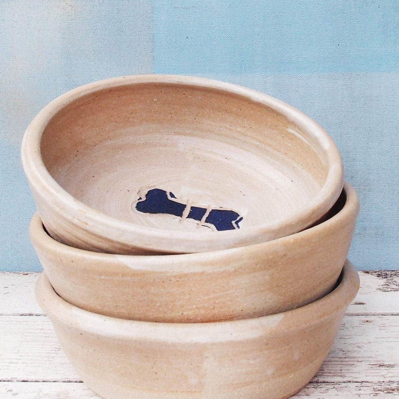 SabineSchmidtPottery Medium-Sized Ceramic Dog Bowl in White/Blue, Rustic Dog Bowl Devon Ceramics