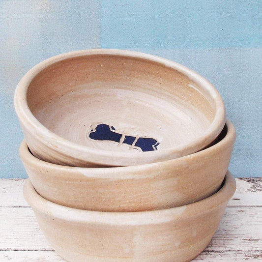 SabineSchmidtPottery Medium-Sized Ceramic Dog Bowl in White/Blue, Rustic Dog Bowl Devon Ceramics