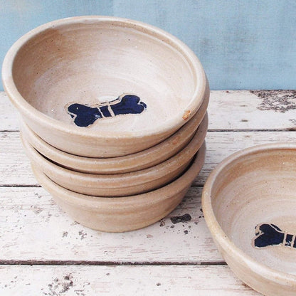 SabineSchmidtPottery Small Dog Bowl in White/Blue, Rustic Dog Food Bowl Devon Ceramics