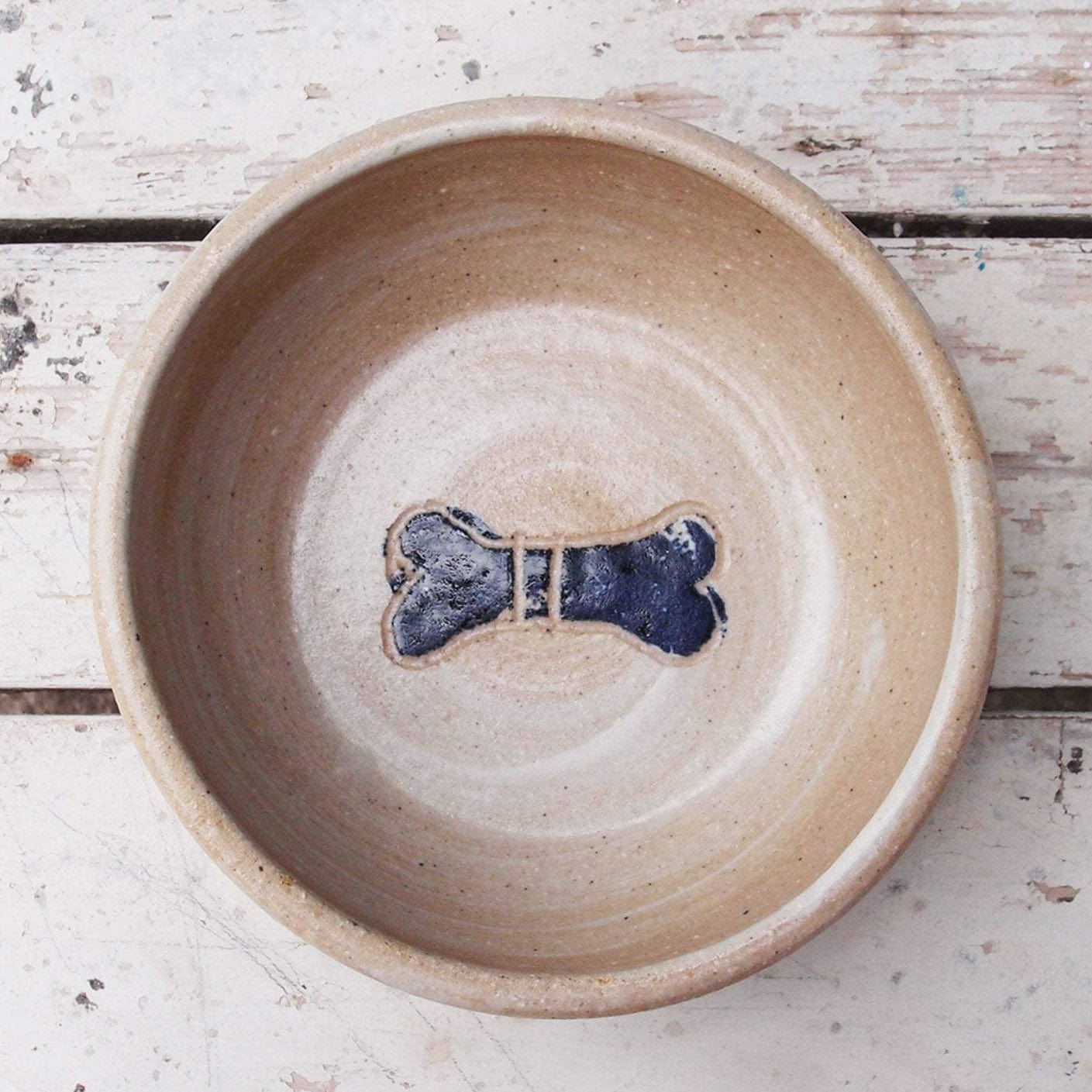 SabineSchmidtPottery Small Dog Bowl in White/Blue, Rustic Dog Food Bowl Devon Ceramics