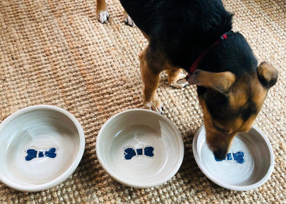 SabineSchmidtPottery Small Dog Bowl in White/Blue, Rustic Dog Food Bowl Devon Ceramics