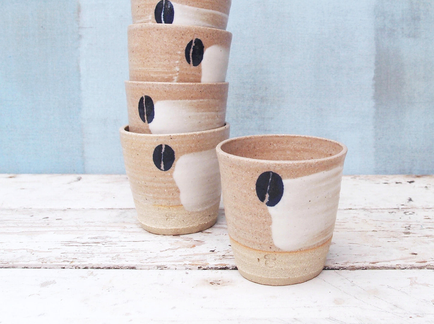 SabineSchmidtPottery Set of 2 Stoneware Espresso Cups in White/Blue, Rustic Studio Pottery Devon Ceramics