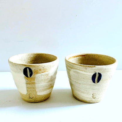 SabineSchmidtPottery Set of 2 Stoneware Espresso Cups in White/Blue, Rustic Studio Pottery Devon Ceramics