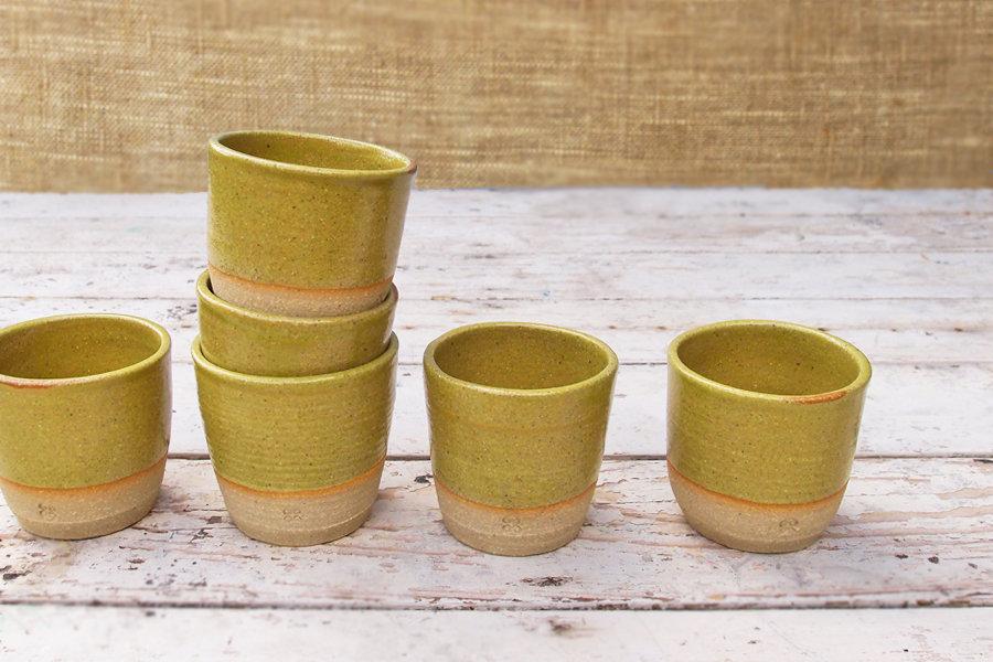 SabineSchmidtPottery Set of 2 Stoneware Espresso Cups in Yellow/Green, Studio Pottery Devon Ceramics