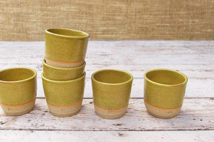 SabineSchmidtPottery Set of 2 Stoneware Espresso Cups in Yellow/Green, Studio Pottery Devon Ceramics