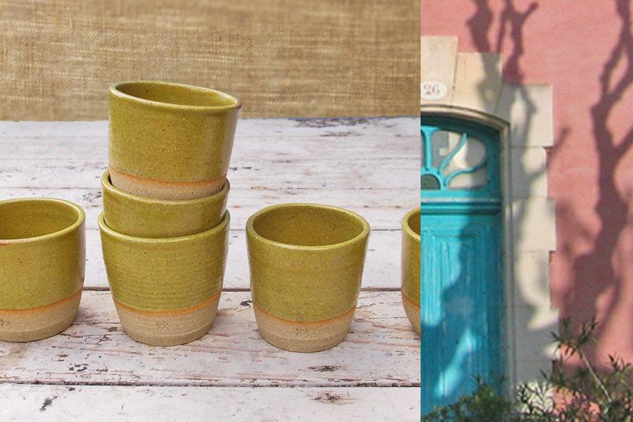 SabineSchmidtPottery Set of 2 Stoneware Espresso Cups in Yellow/Green, Studio Pottery Devon Ceramics