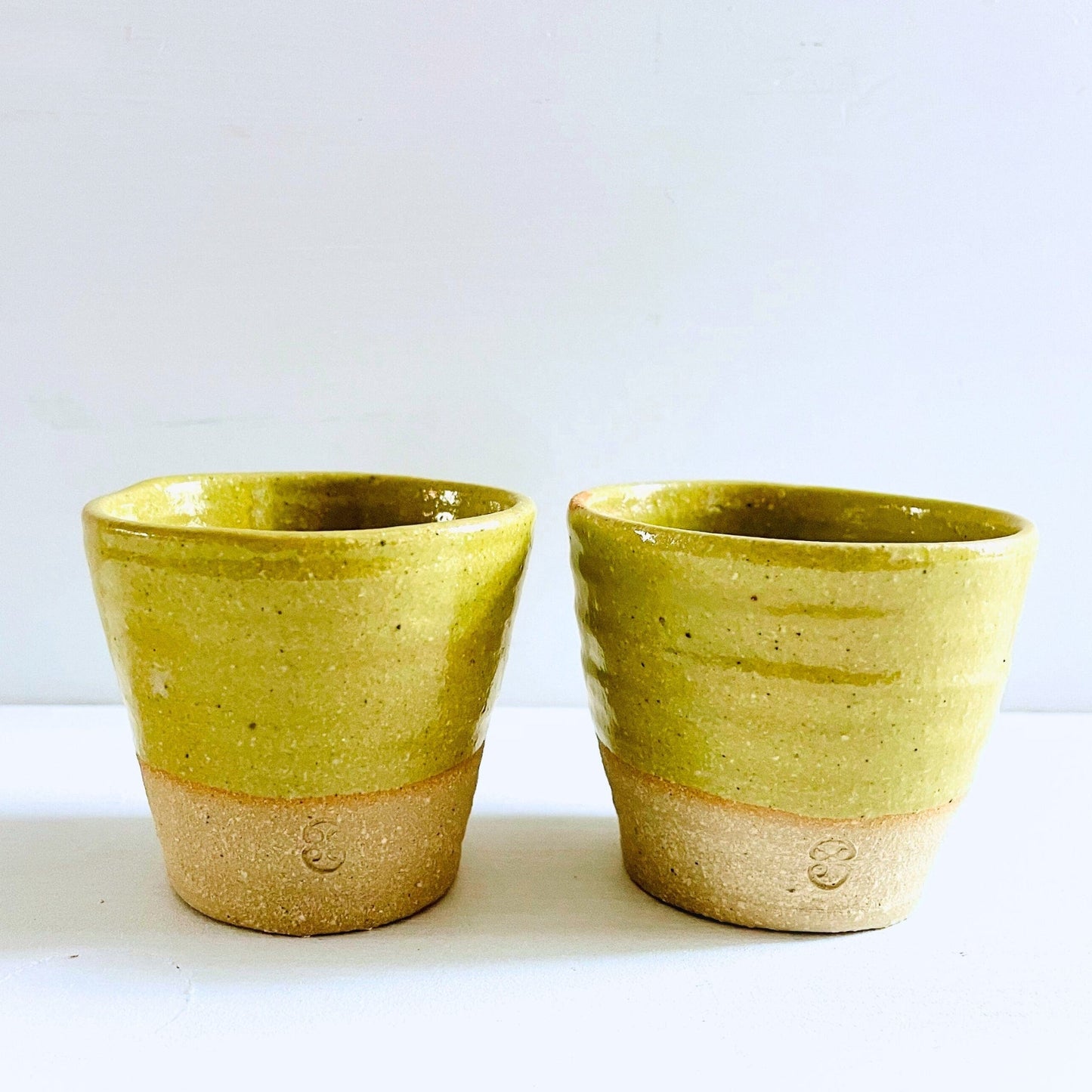 SabineSchmidtPottery Set of 2 Stoneware Espresso Cups in Yellow/Green, Studio Pottery Devon Ceramics