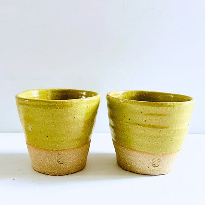 SabineSchmidtPottery Set of 2 Stoneware Espresso Cups in Yellow/Green, Studio Pottery Devon Ceramics