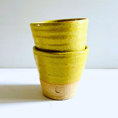 SabineSchmidtPottery Set of 2 Stoneware Espresso Cups in Yellow/Green, Studio Pottery Devon Ceramics