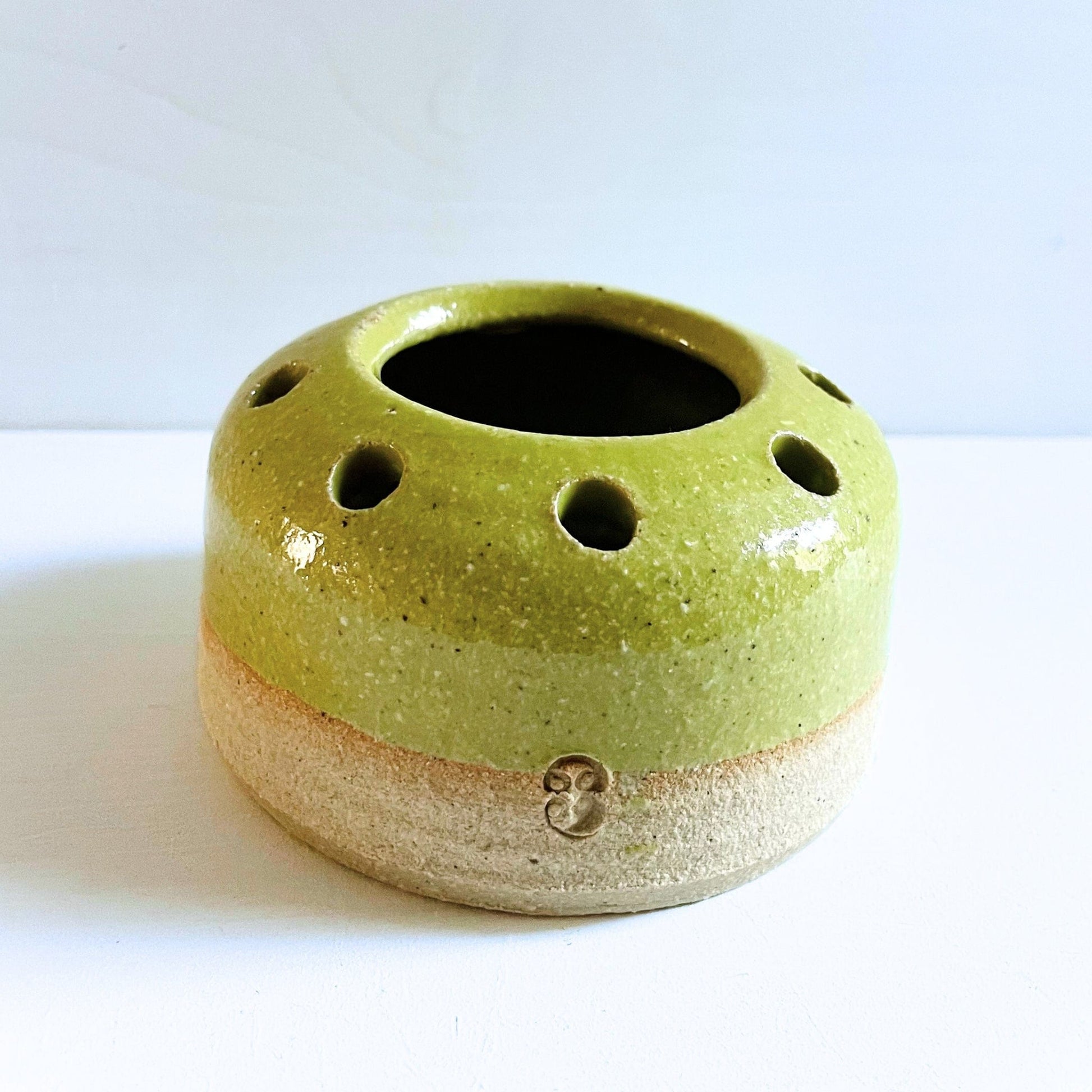 Ceramic Flower Frog Vase in Yellow-Green Glaze