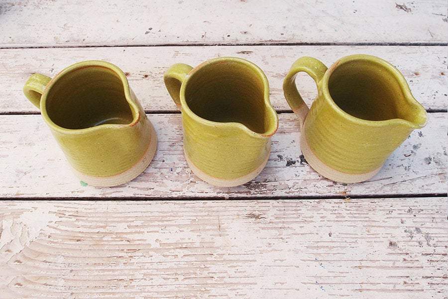 SabineSchmidtPottery Ceramic Milk Jug in Yellow/Green, Rustic Studio Pottery Devon Ceramics