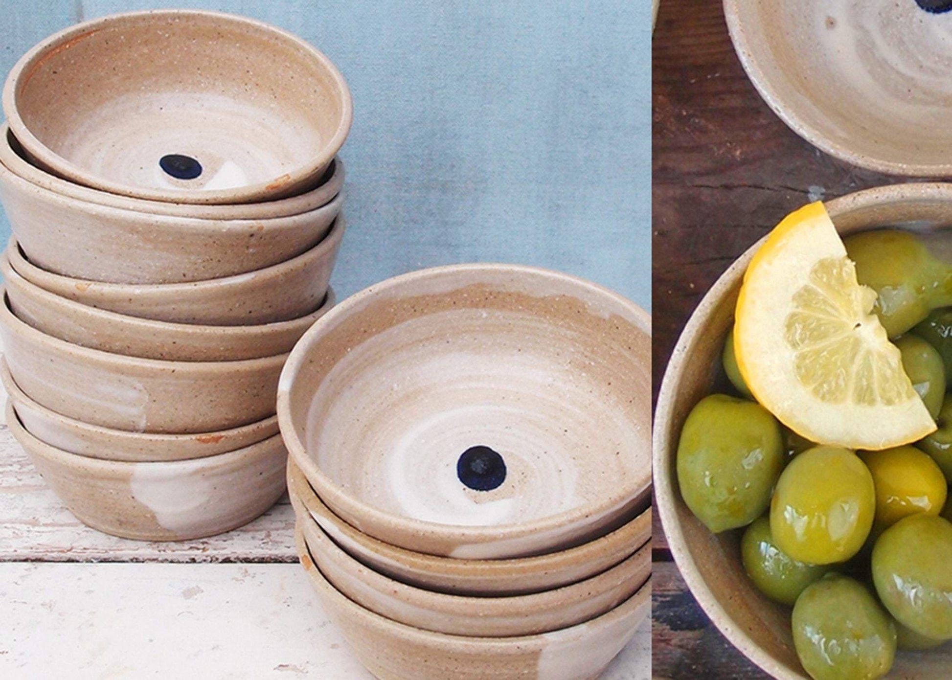 SabineSchmidtPottery Set of 2 Extra Small Bowls in White/Blue, Mini Ceramic Bowls Devon Ceramics