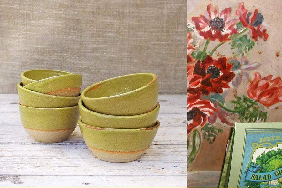 SabineSchmidtPottery Set of 2 Extra Small/Mini Ceramic Bowls in Yellow/Green Devon Ceramics