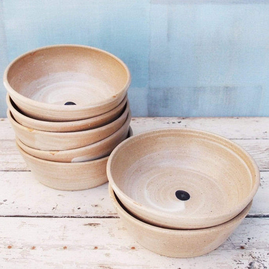 Pair of Handmade White Snack Bowls with Blue Accent
