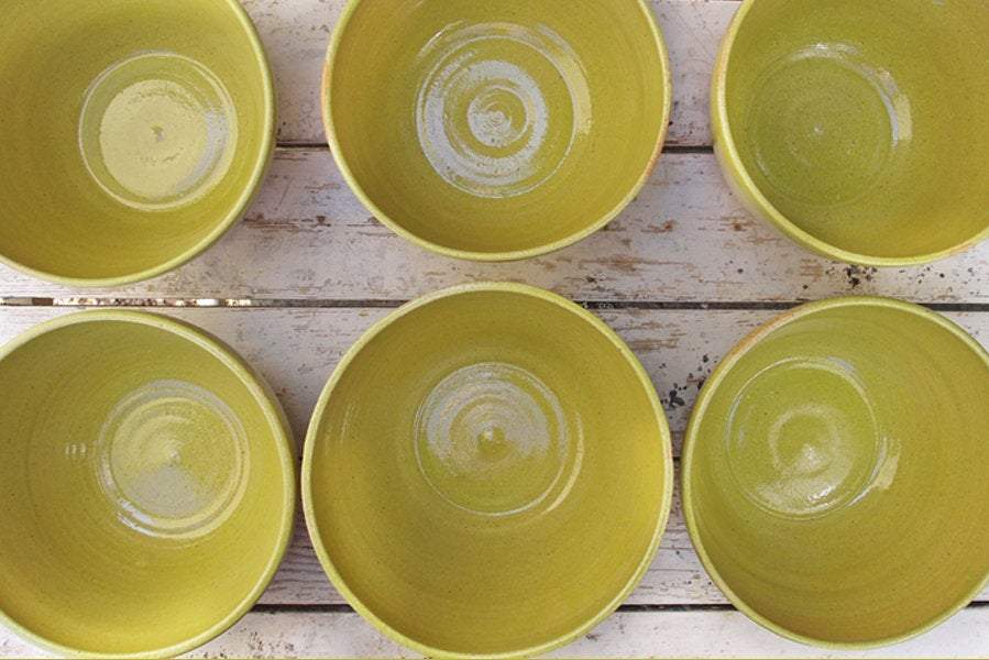 SabineSchmidtPottery Small Stoneware Bowl in Yellow/Green, Handmade Ceramic Bowl Devon Ceramics