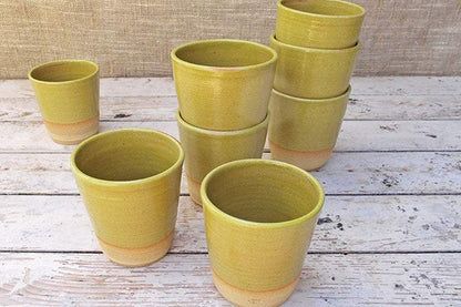 SabineSchmidtPottery Large Ceramic Cup Without Handle in Yellow/Green, Rustic Studio Pottery Devon Ceramics