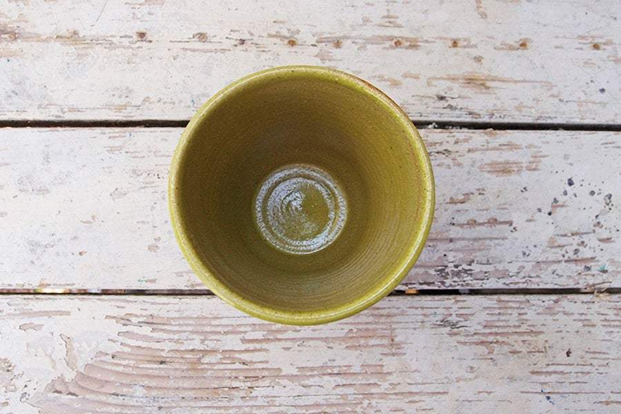 SabineSchmidtPottery Large Ceramic Cup Without Handle in Yellow/Green, Rustic Studio Pottery Devon Ceramics