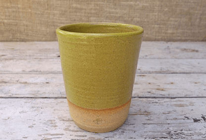 SabineSchmidtPottery Large Ceramic Cup Without Handle in Yellow/Green, Rustic Studio Pottery Devon Ceramics